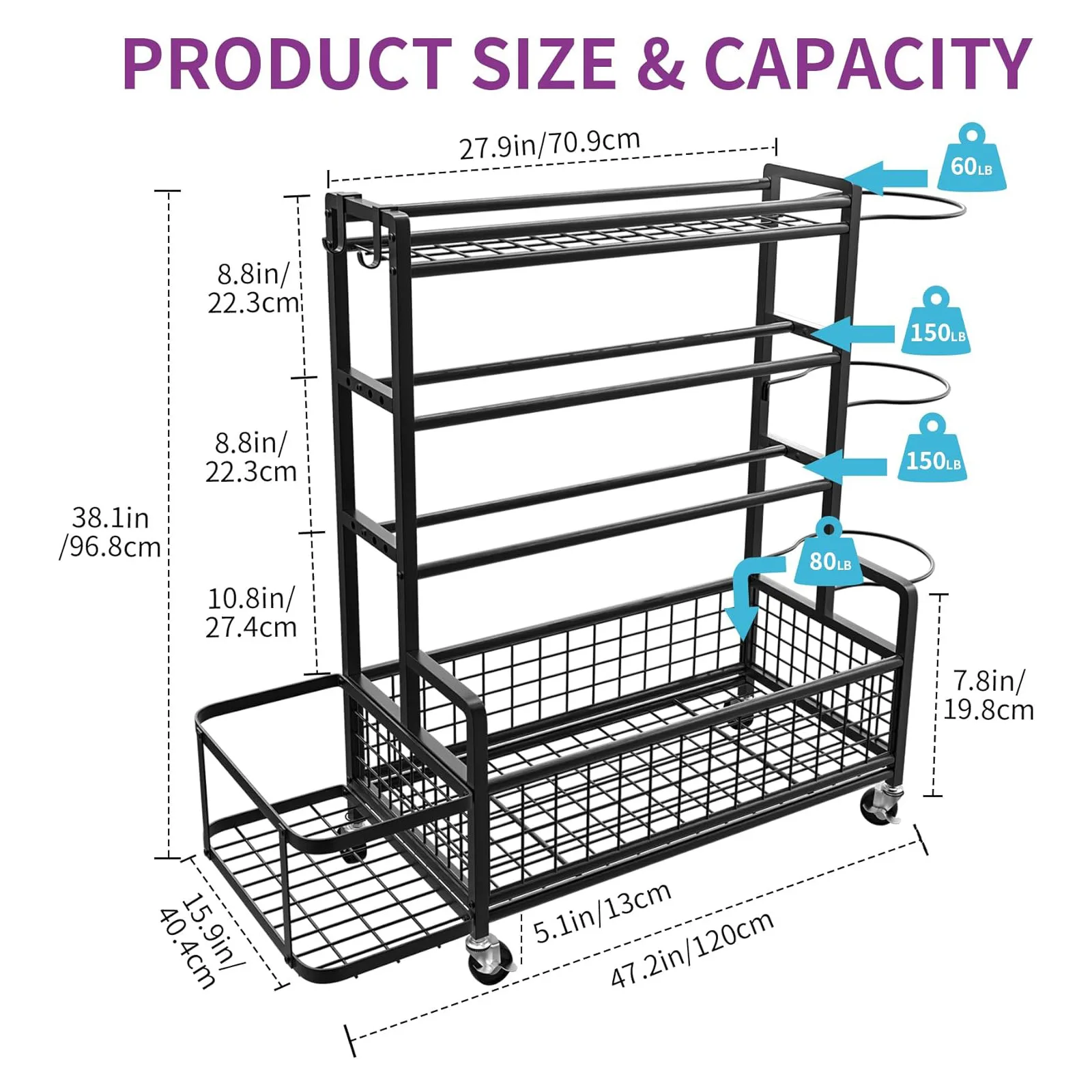 

4-Tier Metal Storage Organizer with Rolling Wheels for Basketball, Sports Equipment, Yoga Mats, Larger Ball Storage Rack