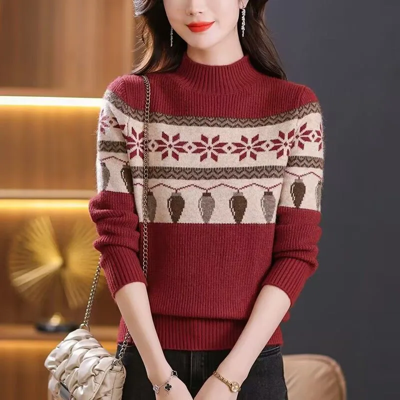 New Autumn/Winter Fashion Korean Edition Color Block Jacquard Half High Neck Loose and Versatile Western Women's Knitted Sweater