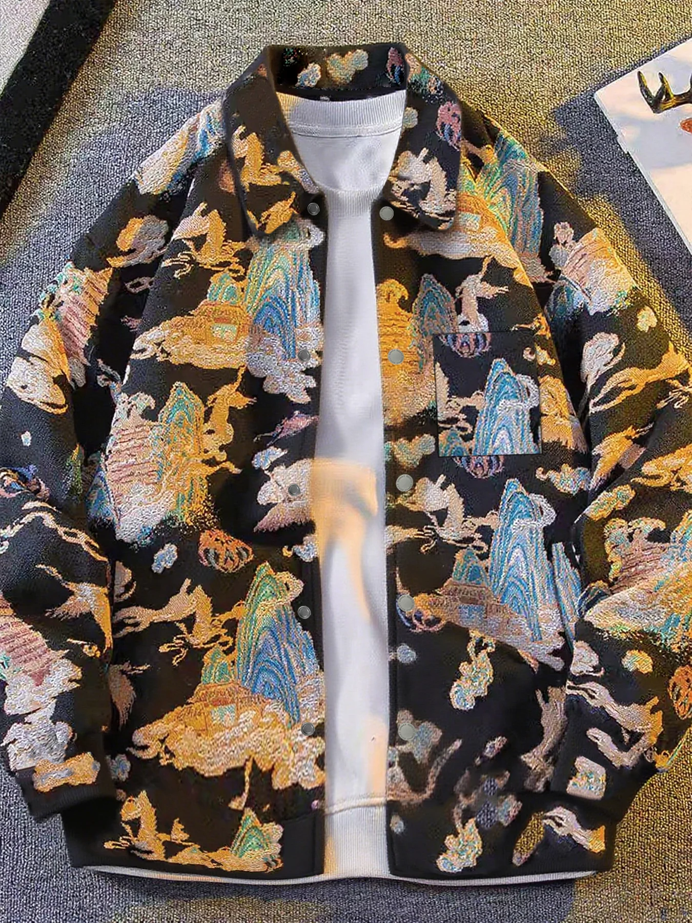 Trendy spring and autumn new retro printed men's long sleeve jacket with a cool and stylish design for spring and autumn.