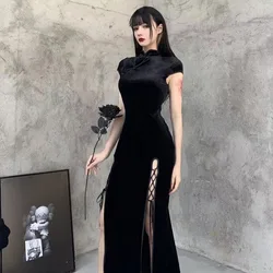 Modern Cheongsam Chinese Qipao Dress Dark Gothic Style Sexy Slit Black Vintage Oriental Dresses For Women Dance Performance