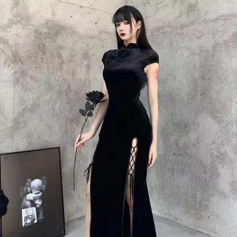 Modern Cheongsam Chinese Qipao Dress Dark Gothic Style Sexy Slit Black Vintage Oriental Dresses For Women Dance Performance