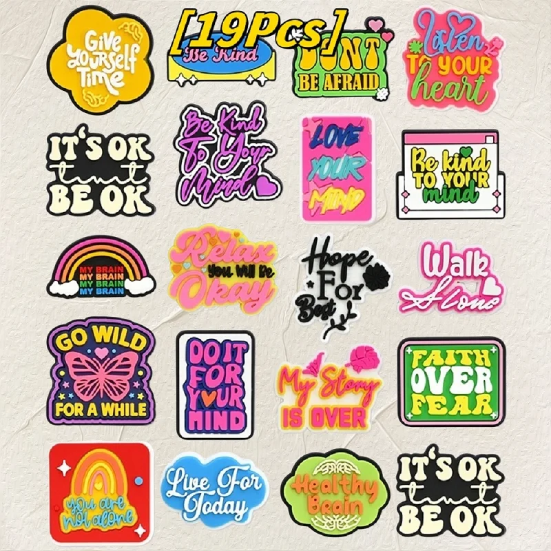 

19Pcs English Phrase PVC Decorations Charms Be Kind Walk Alone Love Your Heart Pattern Shoe Buckle Accessories DIY Gifts