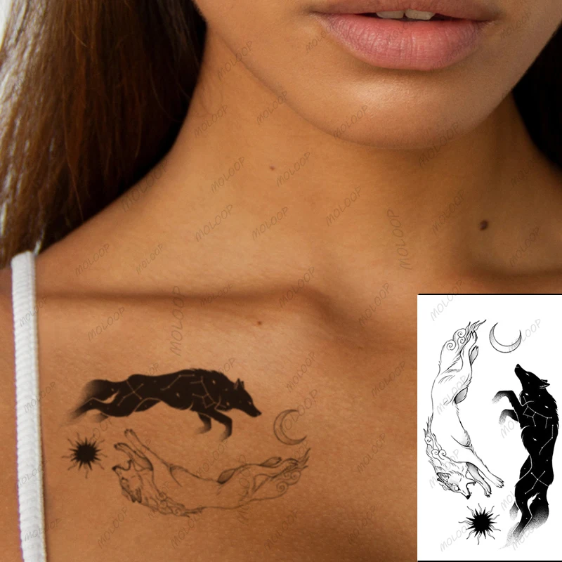 Black Wolf Sun Waterproof Temporary Tattoo Sticker White Fox Moon Fake Tattoos Flash Tatoo Arm Chest Neck Body Art for Women Men