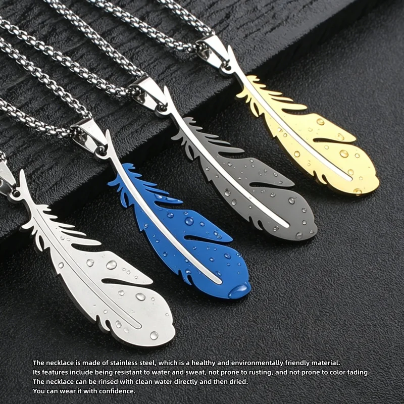 Stainless Steel Feather Pendant Necklace, Waterproof Non Tarnish Minimalist Fashion Feather Jewelry For Men Women Daily Wear