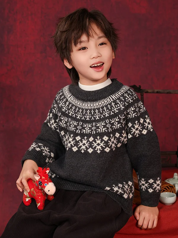 

Boys Winter Faion Snowflake Pattern Knitted Sweater Thiened Celebra Red Yarn Casual Loose Fit round Ne Long Sve