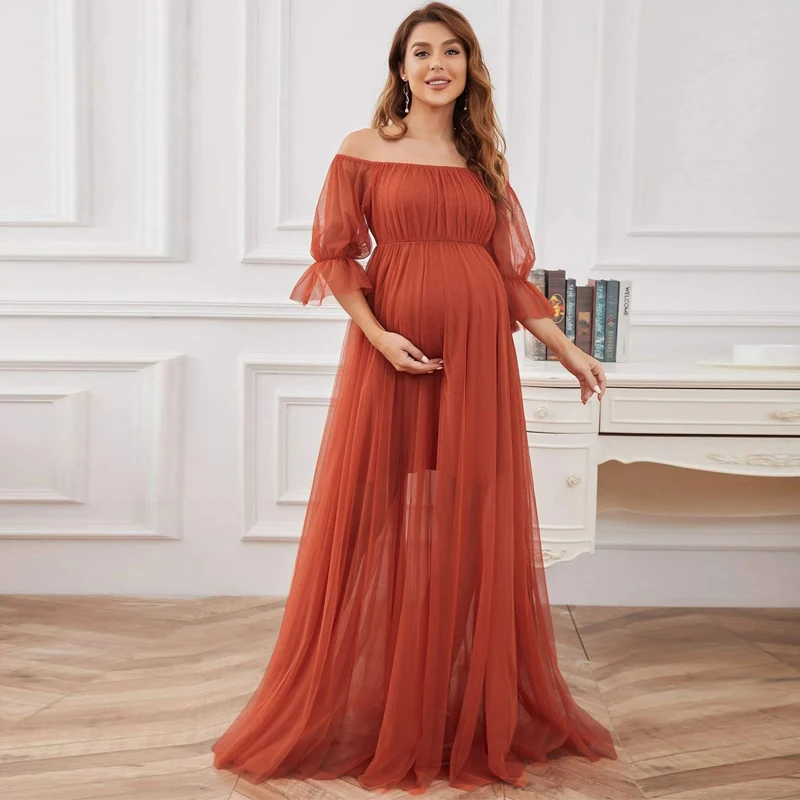 Off-Shoulder A-line Tulle Bohemian Maternity Dress for Baby Shower Maternity Photography Props Dresses Pregnant Woman