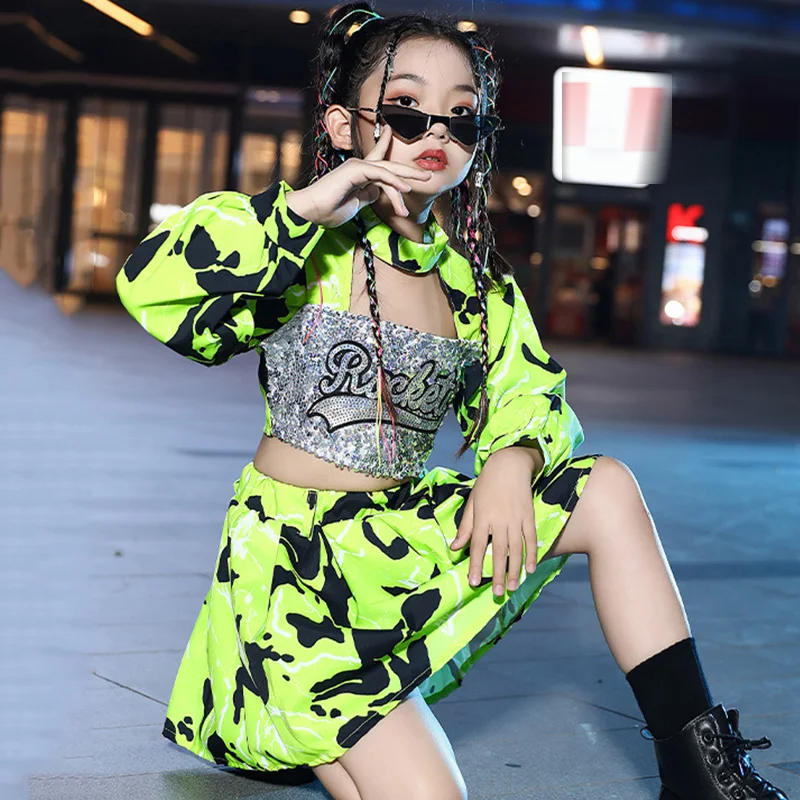 Girls Jazz Cosutme Kpop Dance Clothes Green Outfit Kids Hip Hop Performance Clothing Festival Wear Concert Stage Suit BL12455