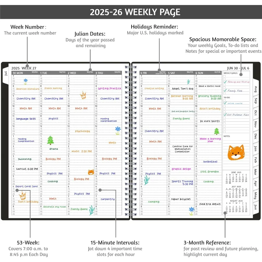 สมุดบันทึกการนัดหมาย 2025-2026 พร้อมตารางวางแผนรายสัปดาห์และรายเดือน กรกฎาคม 2025 มิถุนายน 2026 ขนาด 8.5 x 10.5 นิ้ว ใหญ่ แบ่งช่วงเวลา 15 นาที