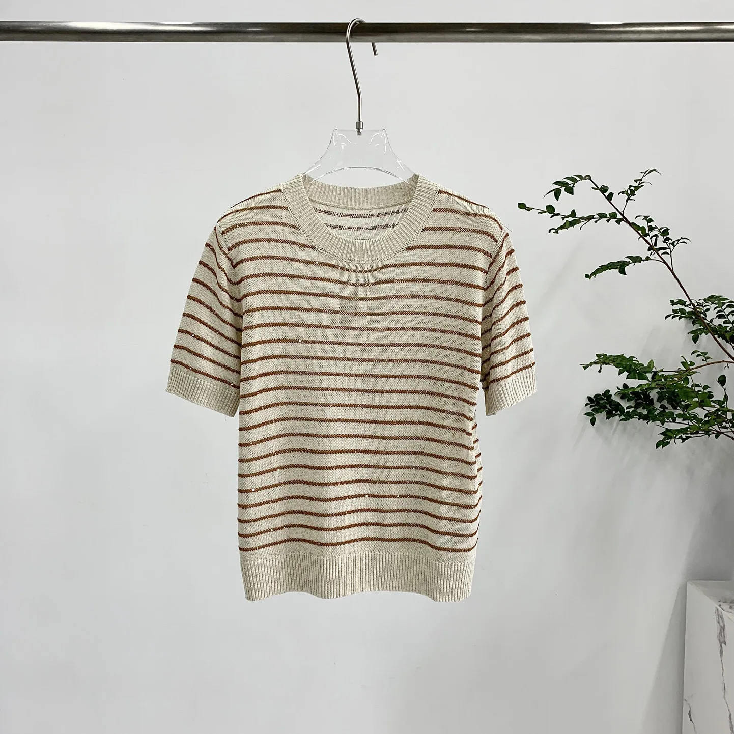 

Striped Linen Cotton Blended Sweater Breathable And Comfortable Knitted T-Shirt Top For Women Retro Style Casual All-Match