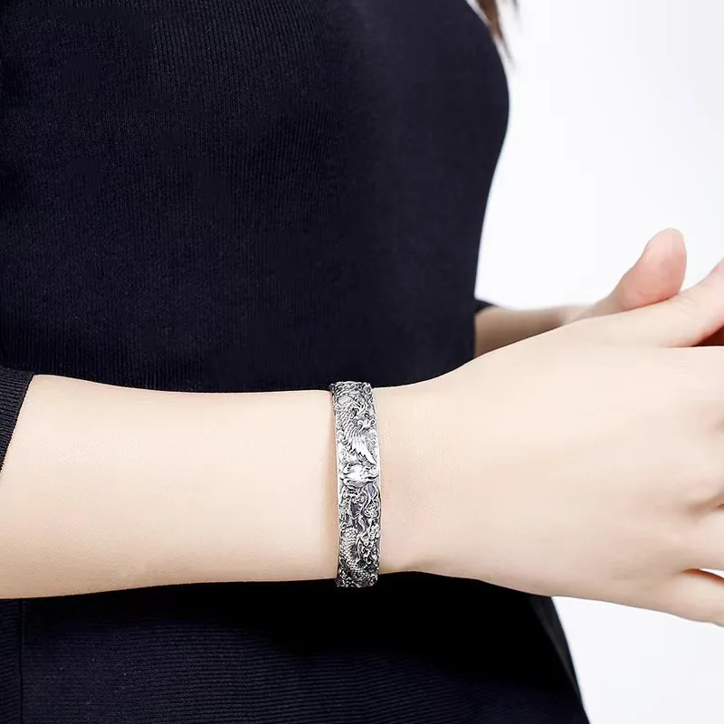 Retro Lucky Chinese Style Relief Dragon Phoenix 925 Sterling Silver Resizable Opening Bracelet For Women Fine Bangle BR416