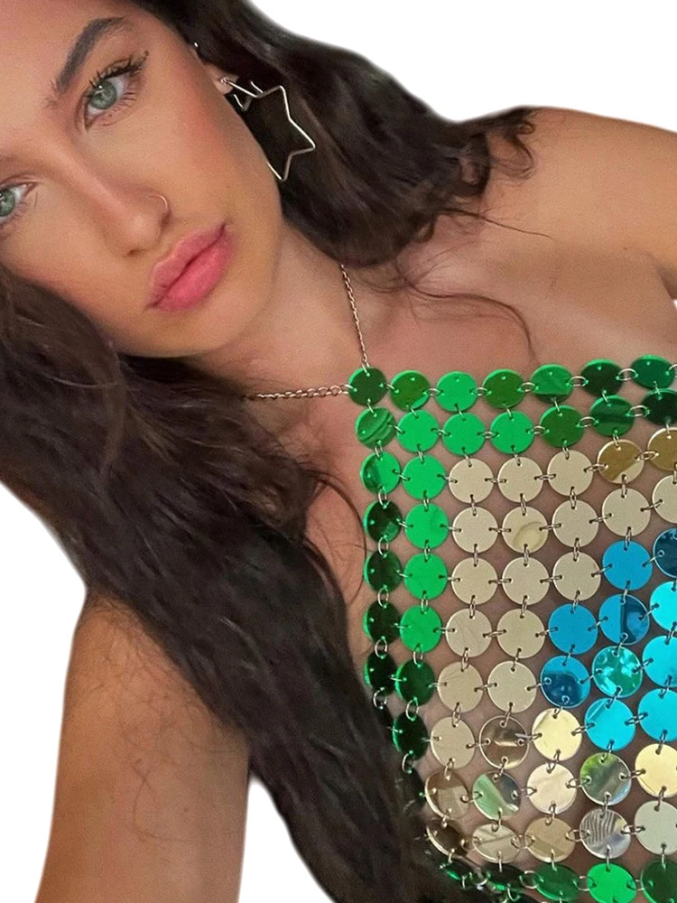 2026 Summer Hot Sale Acrylic Mirror Backless  Women's Tank Top Club Night Outfit Slim Fit Short Length  Color