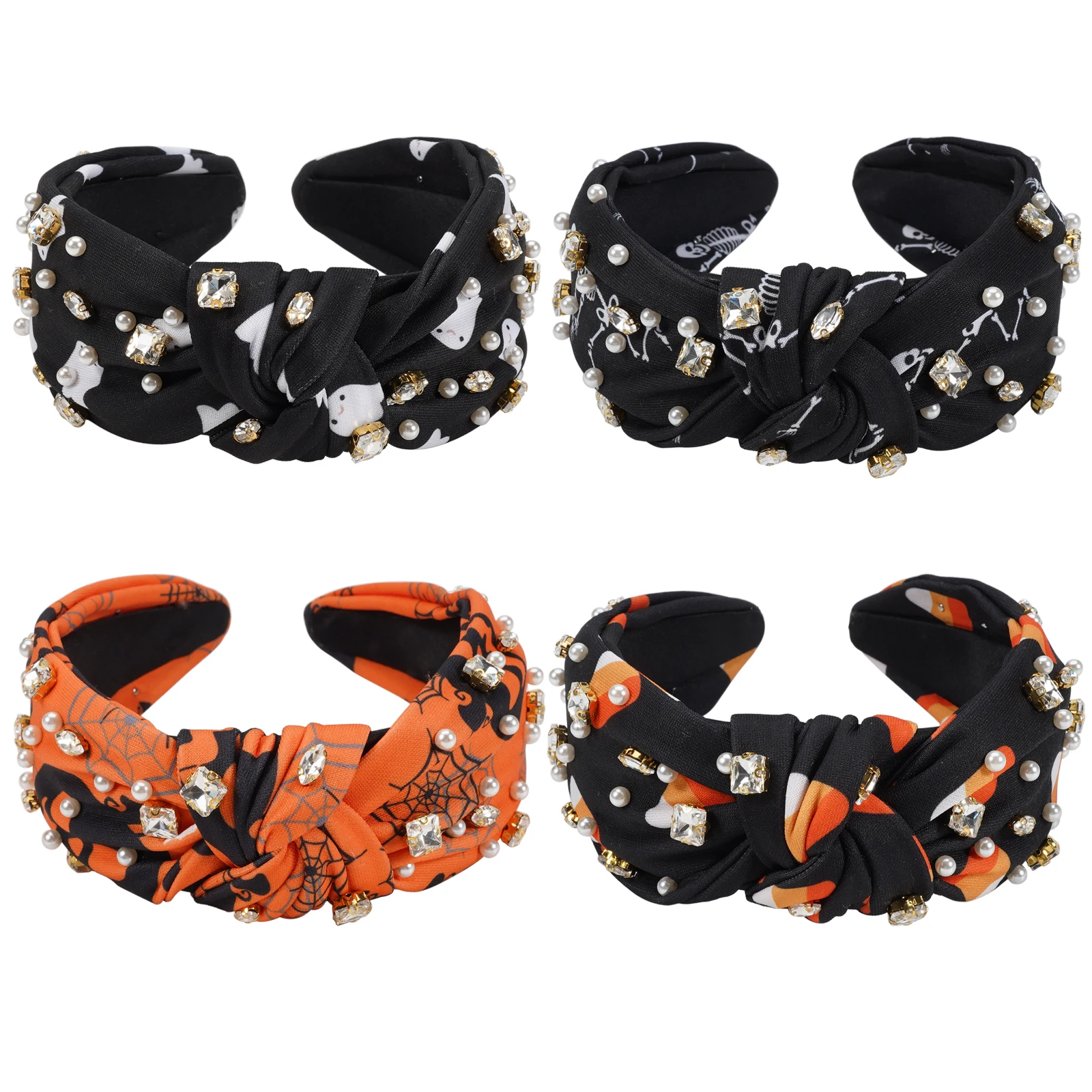 Halloween girl with ghost skull pumpkin spider web bat transparent rhinestone hairband