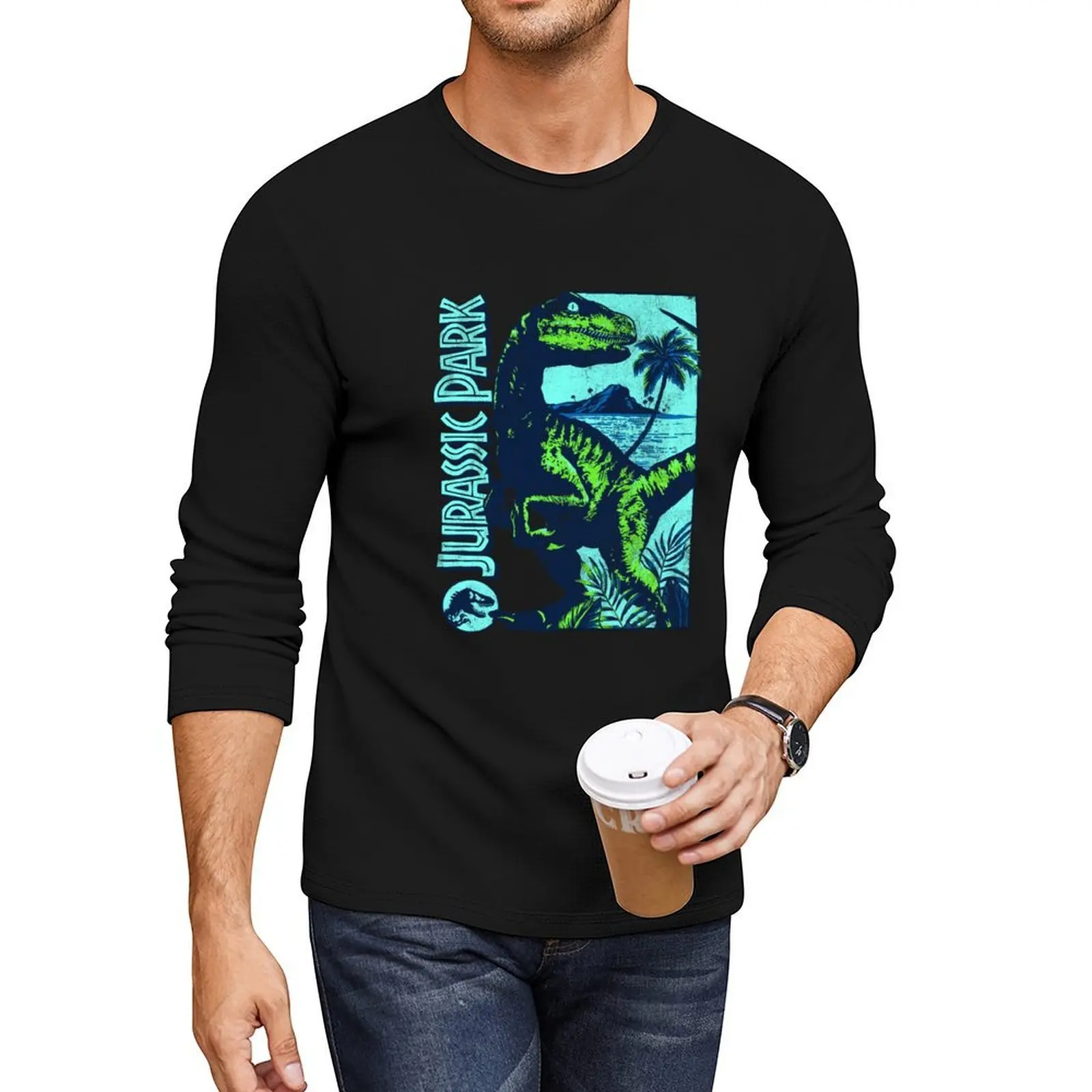 

Jurassic Park Retro Velociraptor Tropical Neon Park Panel Long T-Shirt quick drying t-shirt mens graphic t-shirts big and tall