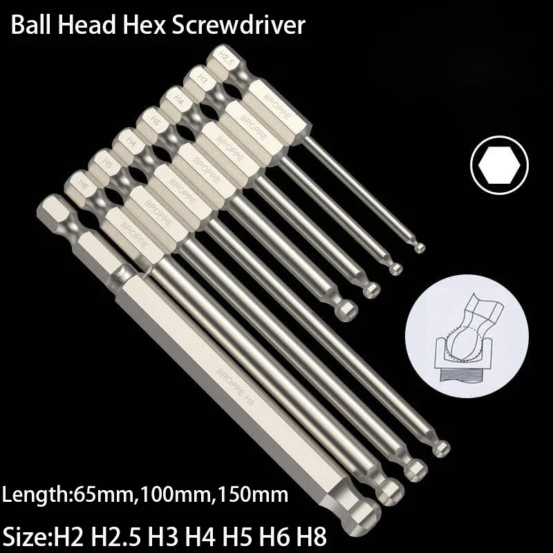 H2-H8 Ball Head Allen Screwdriver Bit Set 1/4 Inch Shank Magnetic Batch Head Driver Bit Hexagon Wrench Drill Bit L=65/100/150mm