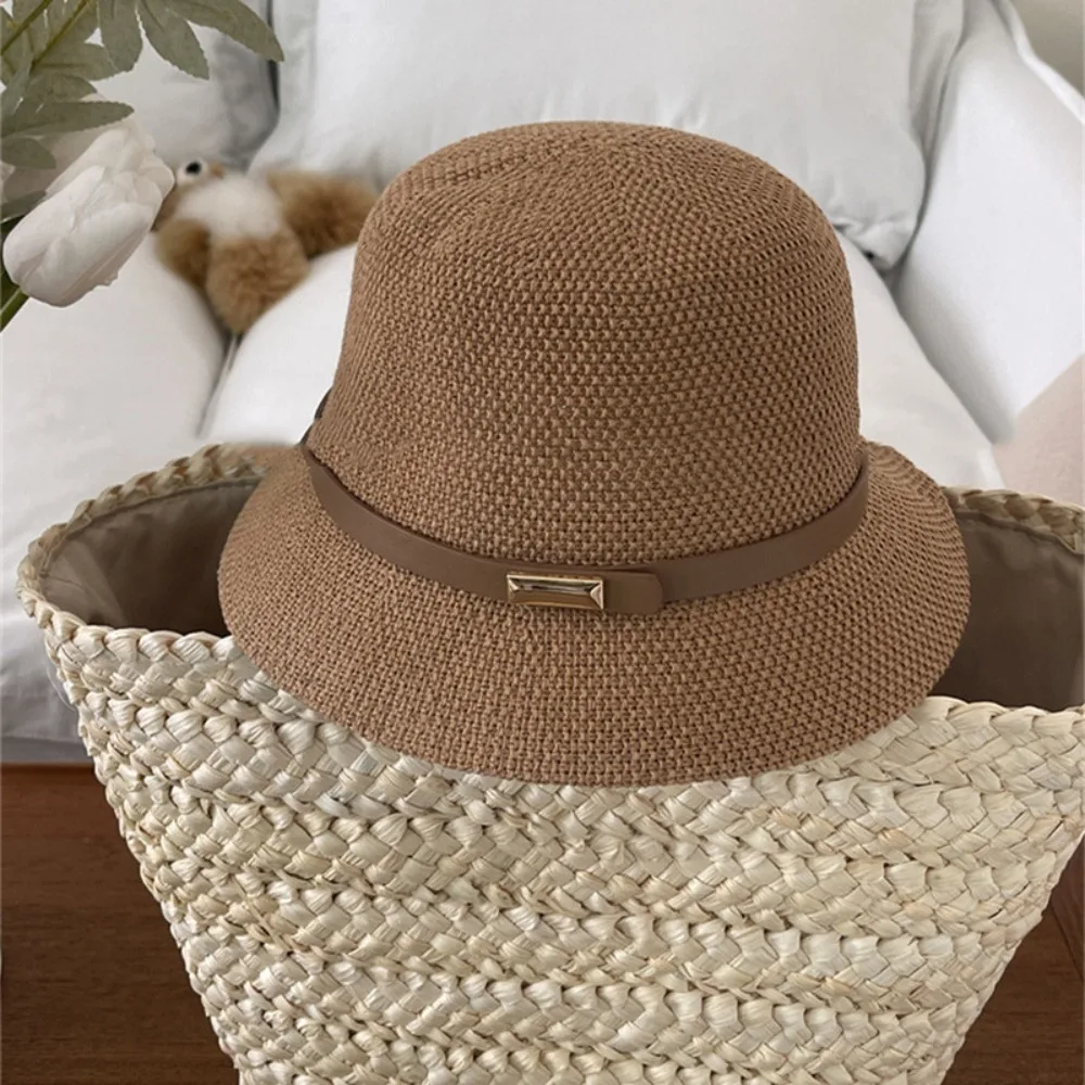 

Korean PU Leather Belt Women Sunscreen Hats Sun Protection Wide Brim Summer Bucket Hats Elegant Simple Outdoor Straw Hats Beach