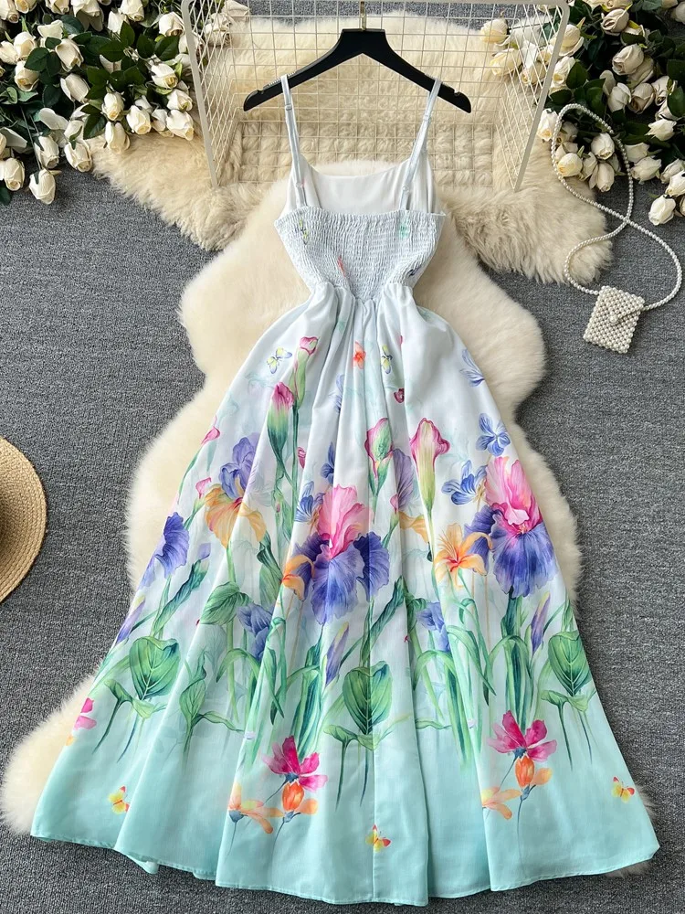 Lusumily New Fashion Vintage Sexy Party Dress Women Summer Flower Printed Long Dress Female Holiday Spaghetti Strap Lady Rober