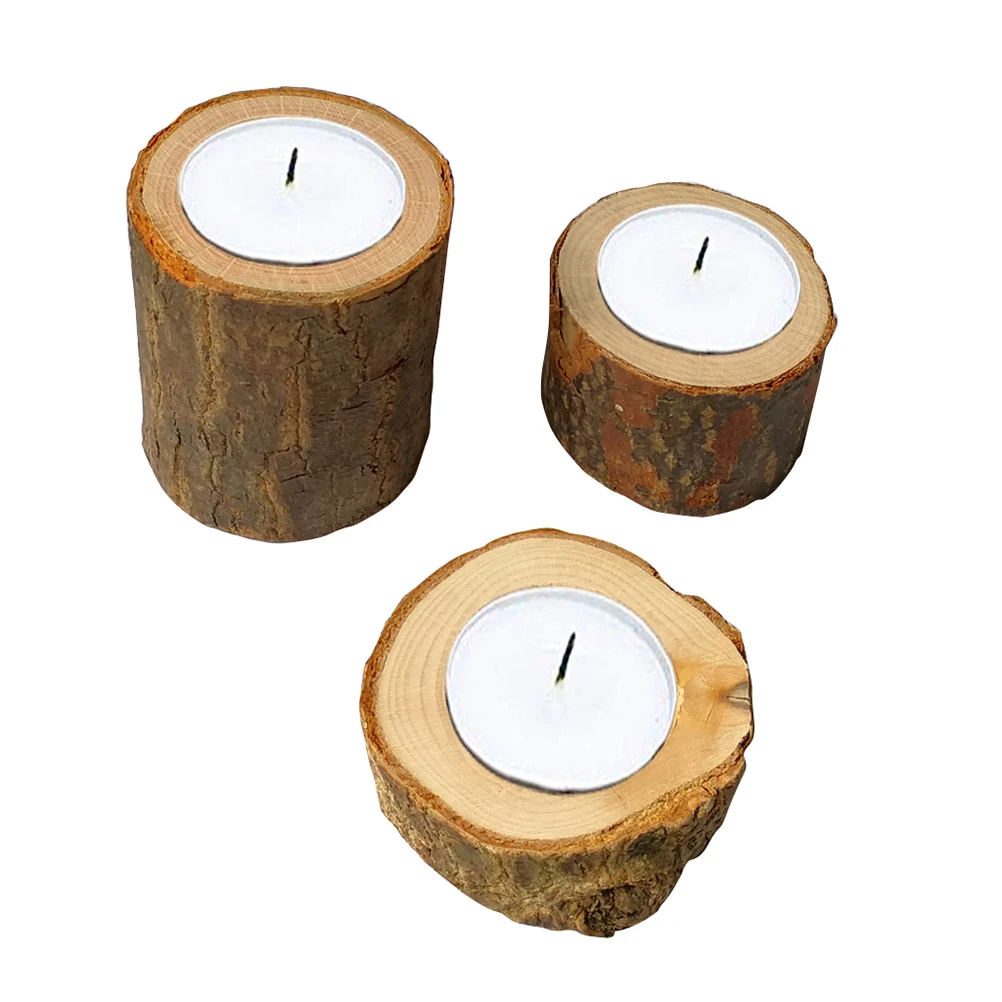 

3pcs Rustic Wooden Stump Holder Tea Light Votive Flameless Electronic Candles Decorative Ornament Wedding Home Bar Cafe