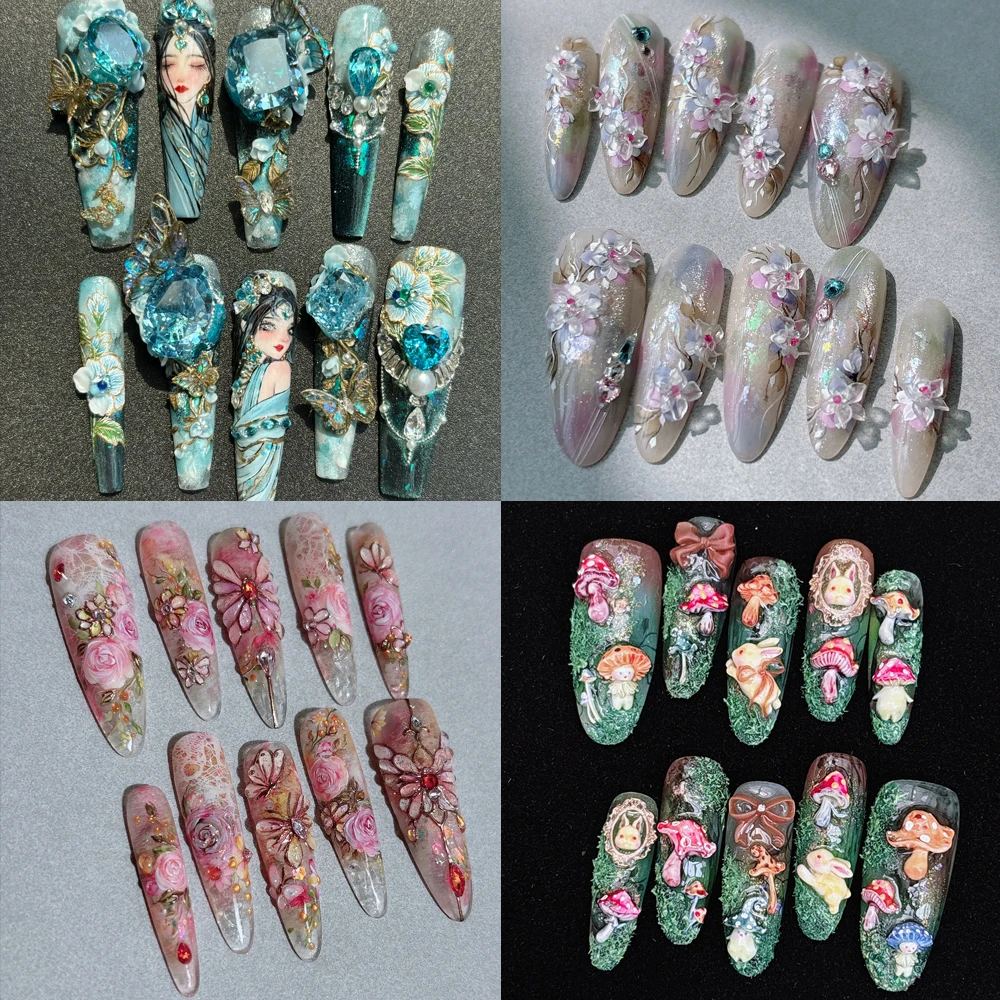 

Chinese Style Long Stiletto Coffin Handmade Press On Nails Hand-Drawn Carving Flowers Peacock Rabbit Butterfly Design False Nail
