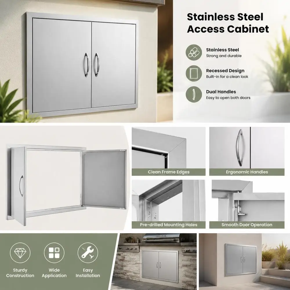Porte d’accès au gril, 915 x 610 x 46 mm, porte double pour cuisine extérieure, porte en acier inoxydable à encastrer, porte murale verticale avec poignées, pour îlot de gril, poste de gril, armoire extérieure, etc.