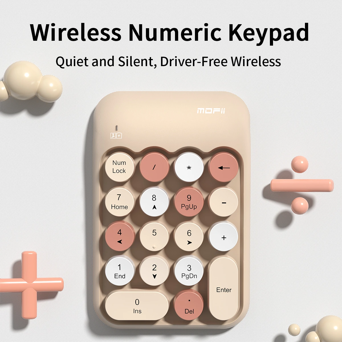 MOFii X910 Wireless Numeric Keypad, Milk Tea Macaron Color, Retro Round Keycaps, for Financial Office, Laptops & Desktops