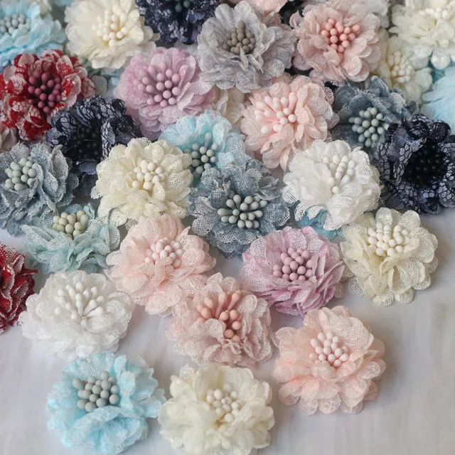 10 sztuk/partia 3CM Mix kolorów mała koronkowa tkanina sztuczne kwiaty na opaska do włosów spinka do włosów DIY sukienka buty dekoracja odzieży