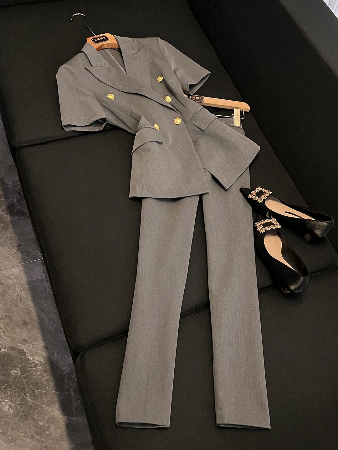 

Gray Double-Breasted Suit Set for Women Commute Workplace Slim Fit Two-Piece Set P369 Summer 2026 New Arrival
