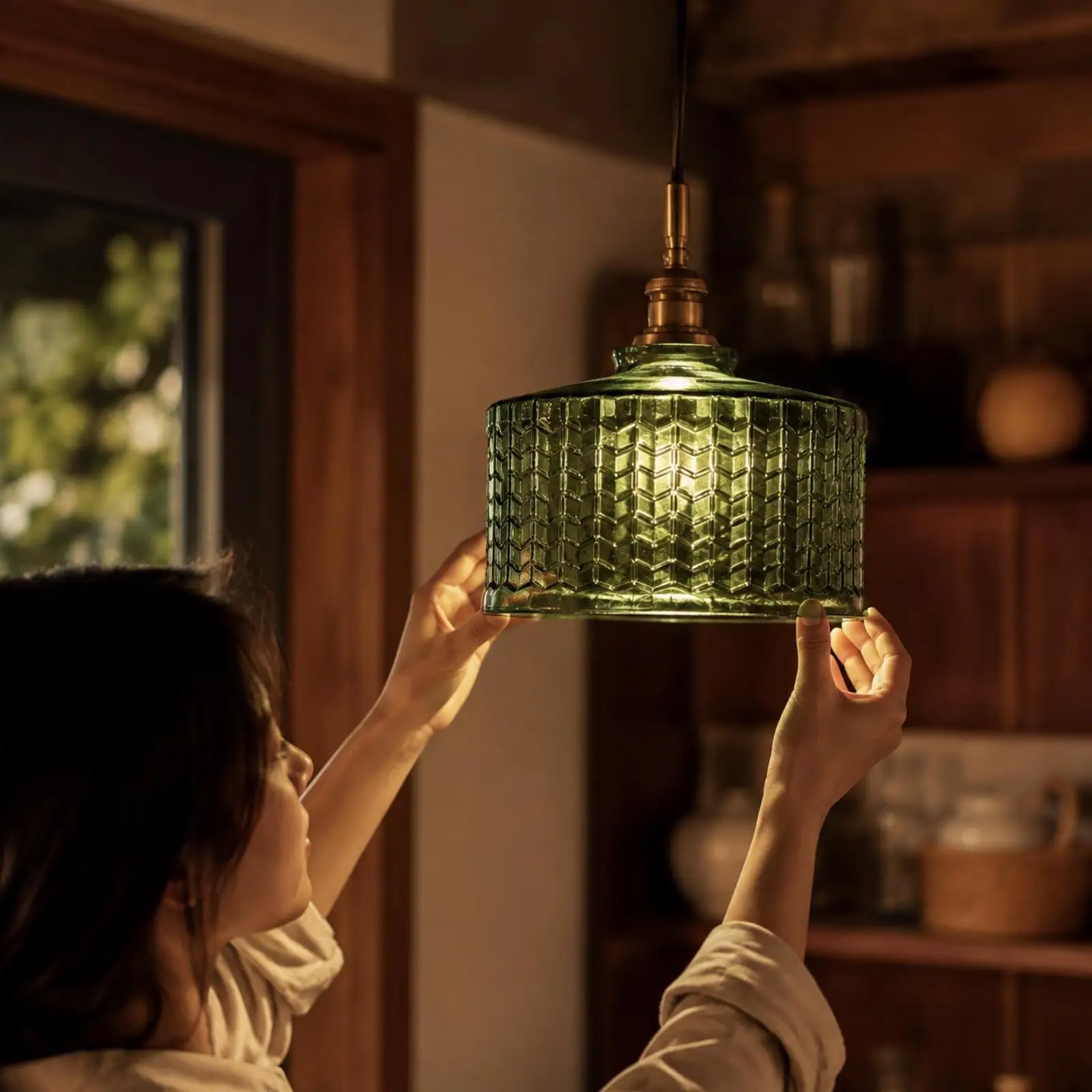 Glass Ceiling Lampshade Pendant Light Cover Cylindrical Dark Green Glossy Finish for Restaurant Bar Cafe Ambiance