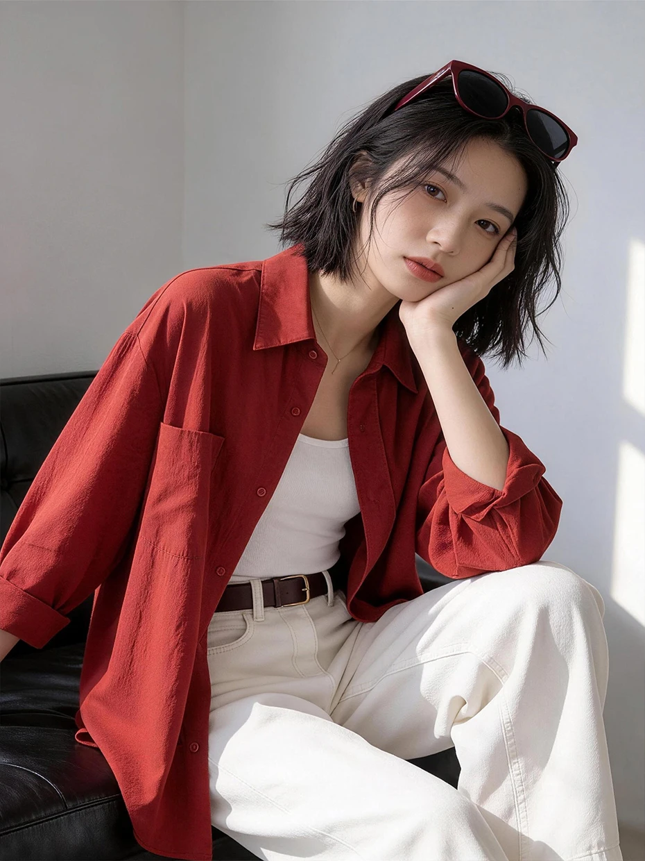 

Minimalist Red Draping Sun Protection Shirt Women's Thin Summer Ice Silk Long Sleeve Loose Outerwear High-End Feeling Top
