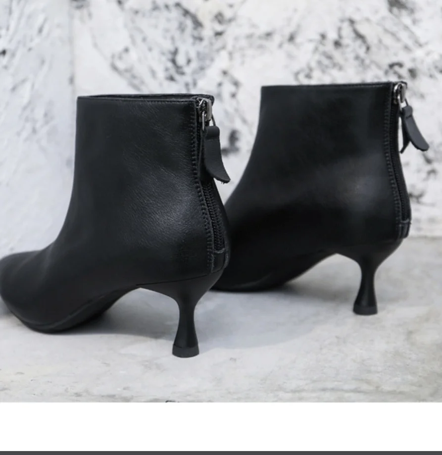 AIYKAZYSDL 2023 Autumn Winter Genuine Leather Ankle Boots  Low Kitten Heel Work Shoes Pointed Toe Office Lady Shoes Booties