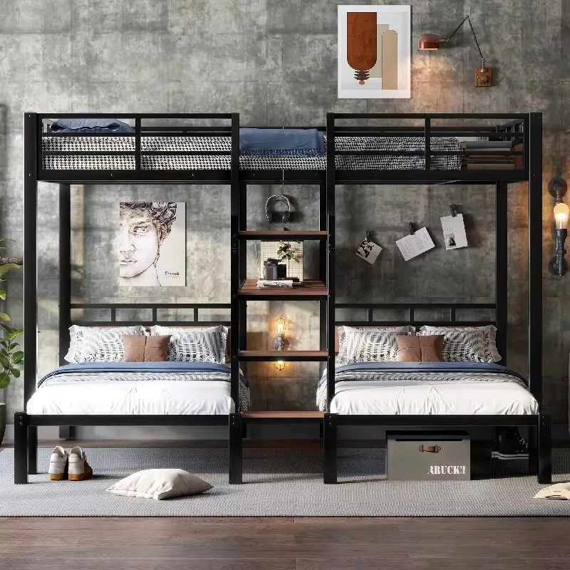 Queen Over Twin Over Twin Metal Bunk Bed Frame with Storage Shelves and Storage Stairs, Triple Metal Bunk Bed, ODM/OEM Available