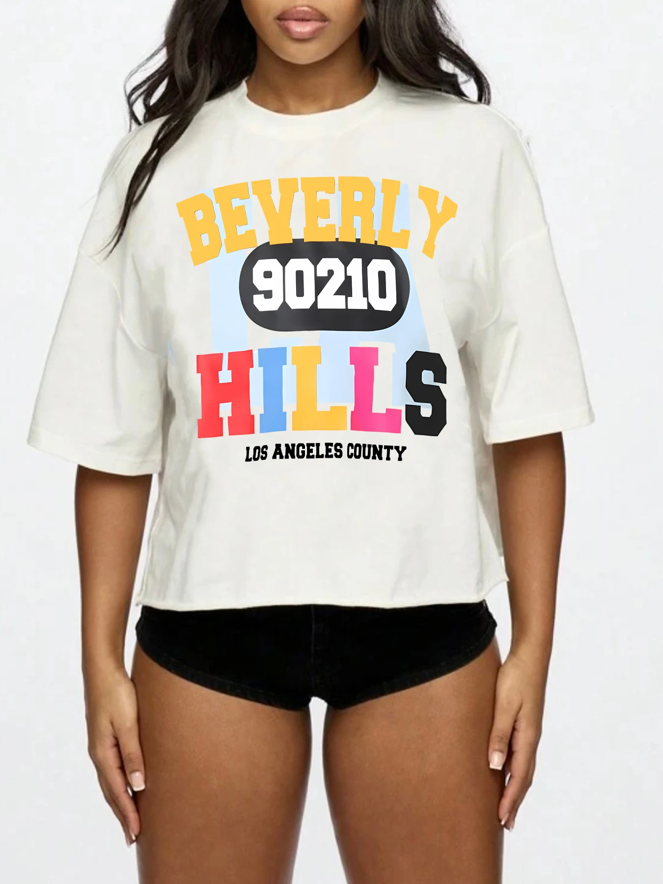 BEYERLY 90210 HILLS Buchstabenmuster Rundhalsausschnitt Plus Size Damen T-Shirt Kurzarm Trenddruck elastisches Halbarm T-Shirt