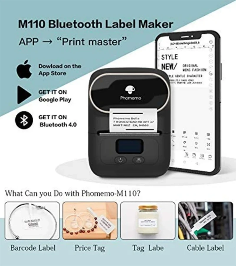 M110 Portable Thermal Label Printer Self-Adhesive Label Maker bluetooth-compatible Pocket Sticker Printer 53mm for School Home