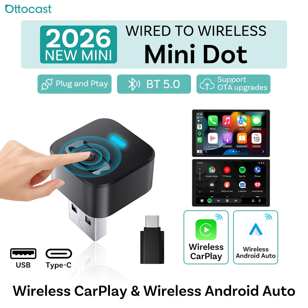 

Беспроводной адаптер Ottocast Mini Dot для CarPlay и Android Auto, Wi-Fi 6, преобразователь проводного CarPlay в беспроводной, Plug & Play, быстрое автоматическое подключение