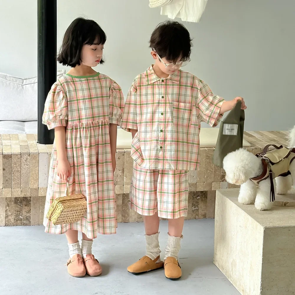 Children Clothing Suit 2024 Summer Korean Style Colored Plaid Dress Boys and Girls Casual Short-sleeved Shorts Two-piece Set