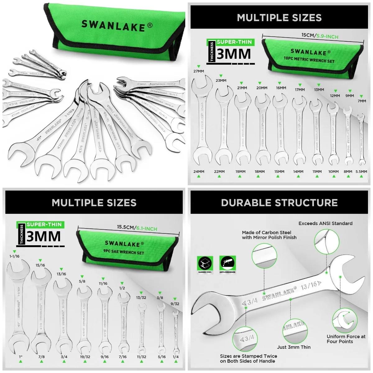 

SWANLAKE 19Pcs Slim Open End Wrench Set, Carbon Steel SAE & Metric, 1/4' to 1-1/16', 5.5mm to 27mm, with Rolling Pouch
