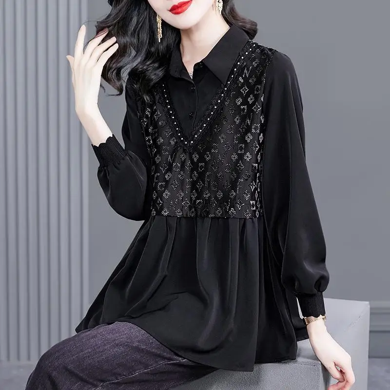 Fashion Lapel Beading Lace Loose Folds Letter Blouse Women\'s Clothing 2023 Autumn Winter New Oversized Casual Tops Korean Shirt