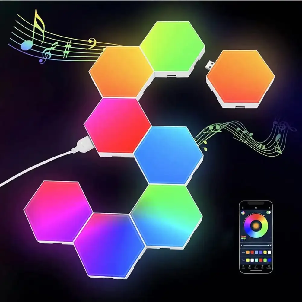 6PCS RGB LED Quantum Hexagon Lamp Touch Sensor Night Light Bedroom Honeycomb Wall Lamps Wireless Control Colorful Light