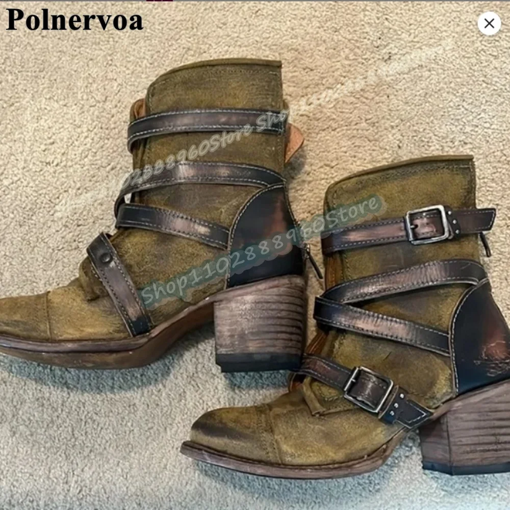 Trending Splicing Buckle Strappy Ankle Boots Thick Heel Shoes For Women Back Zipper Round Toe Fashion Casual Zapatos Para Mujer