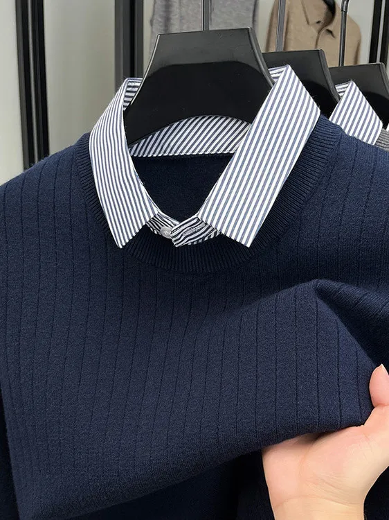 

Мужской трикотажный свитер из смесовой шерсти Long Sve Thermal irt Busin с повседневным воротником из искусственной двух частей, теплая внутренняя одежда Faion Urba...