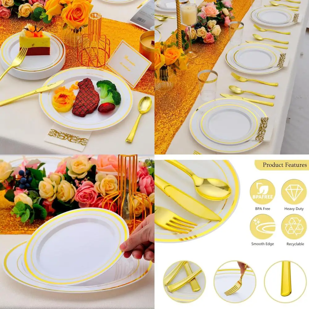 

100-Guest Gold & White Plastic Dinnerware Set: 100 Dinner, 100 Dessert Plates, 100 Cutlery, 100 Cups, 100 Napkins
