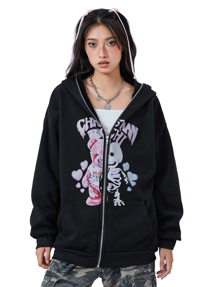 

Womens Men Rhinestone Spider Web Graphic Hoodies Y2k Full Zip Up Over Face Gothic Skull Oversized Jacket Streetwear