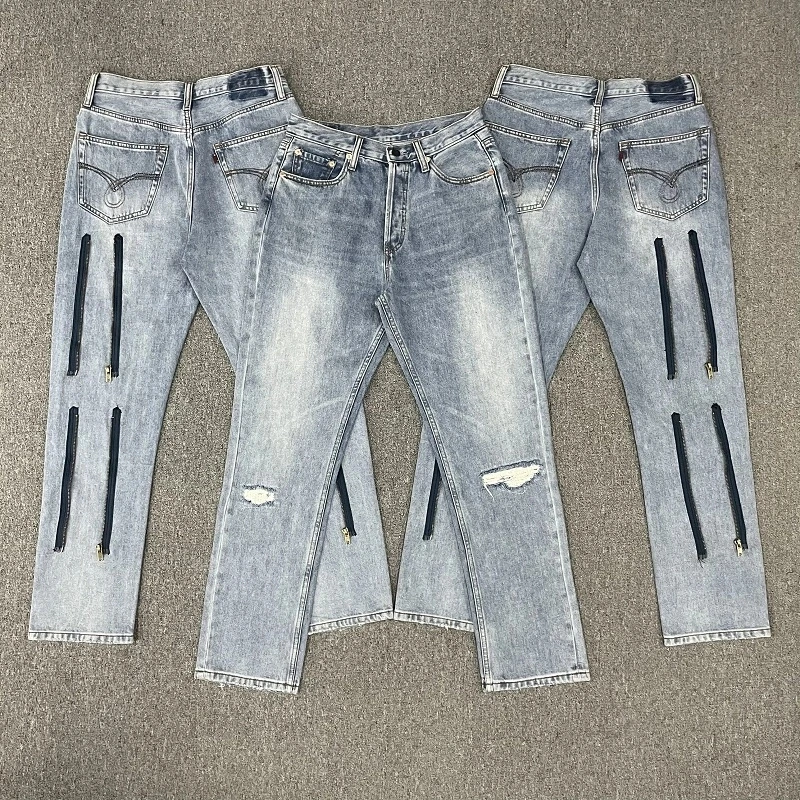 

Retro Japanese Style ASAP Denim Jeans Zipper Splicing Pants Youth Trendy Summer Casual Cotton Stretch Fabric Slim Fit Long Tr...