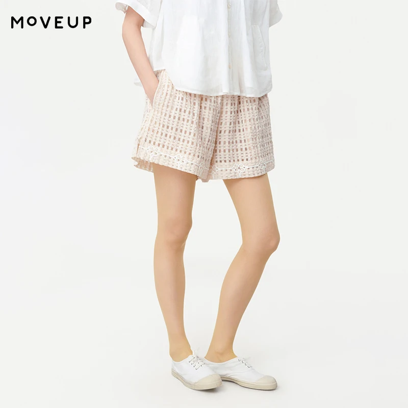 MOVEUP Straight Shorts 2026 Summer New Elastic Waist Embroidered Checkered Hollow Office Lady Casual Shorts For Women 125220118