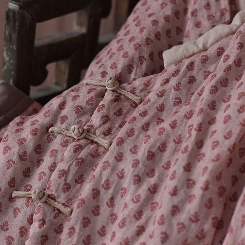 المرأة الكتان المطبوعة قصيرة سترة مبطنة بالقطن الرجعية Hanfu الجانب سترة صينية مشبك فضفاض رقيقة ضوء أسفل سترة مبطنة بالقطن