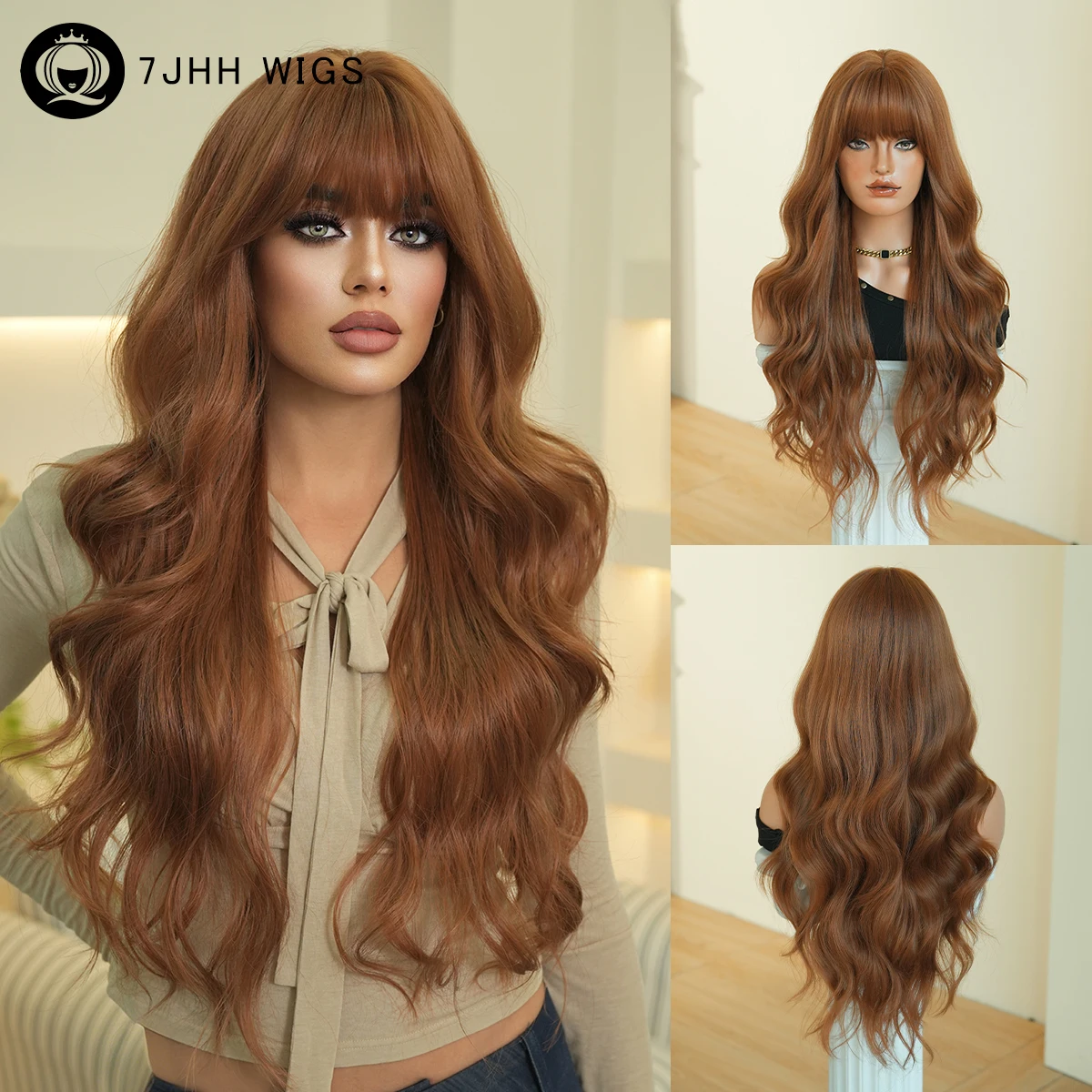 7JHH WIGS Lange, gewellte, honigbraune Perücke für Damen – Modische, hochdichte synthetische Perücke zum sofortigen Tragen in Kupferfarben mit ordentlichem Pony