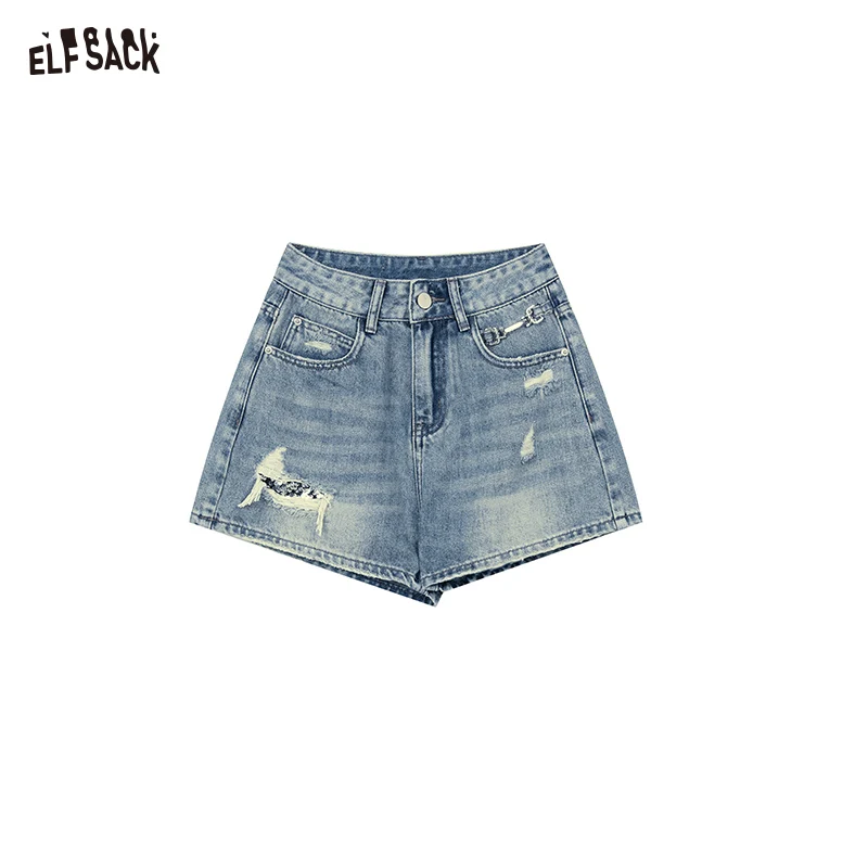 ELFSACK 2025 Summer New Arrivals Ripped High Waisted Washed Casual Jeans Shorts For Women