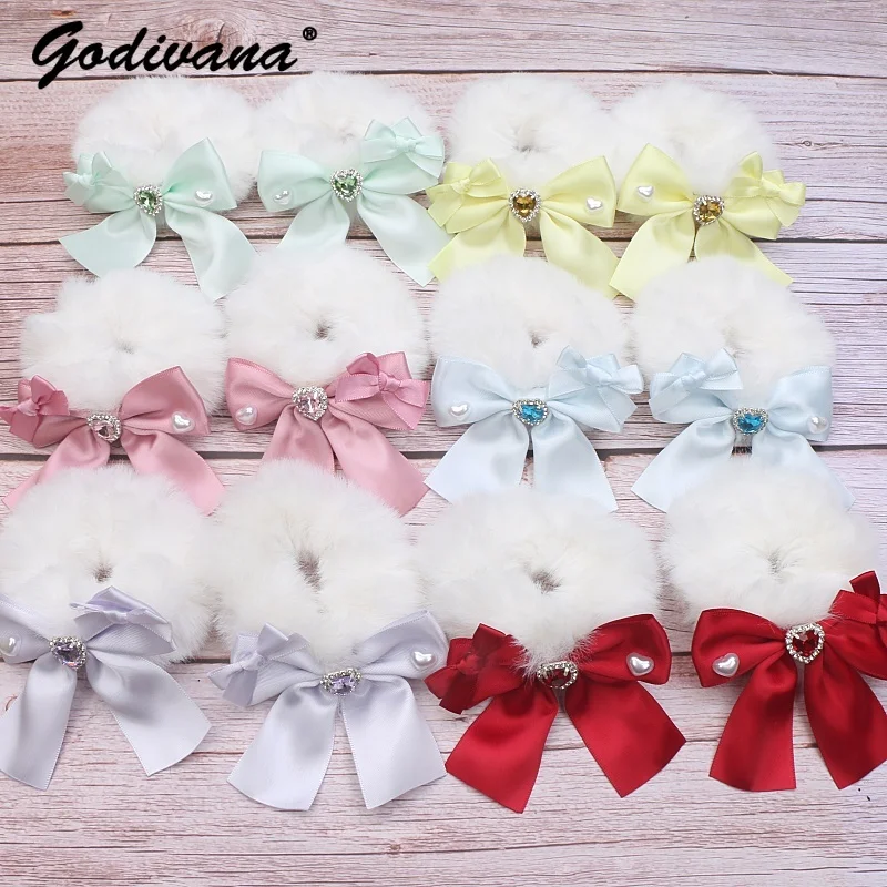 

Handmade Japanese Mine Sweet Heart Shape Rhinestone Hair Ties Girls Dopamine Candy Color Bow Furry Hair Ring Female Headwear