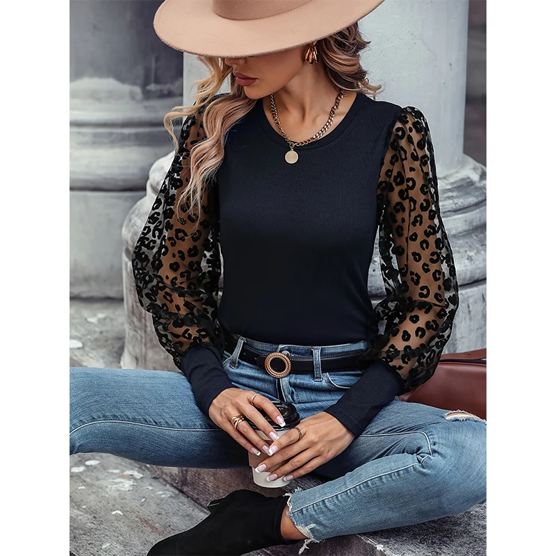 Spring Autumn Round Neck Mesh Jacquard Patchwork Long Sleeve T-shirt Ladies Slim All-match Bottoming Tees Women's Pullover Top