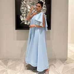 Carolina Sequined Satin Pleated Evening Dresses One-Shoulder Sky Blue Floor Length Zipper Back Robe De Mariée Party Gown Women