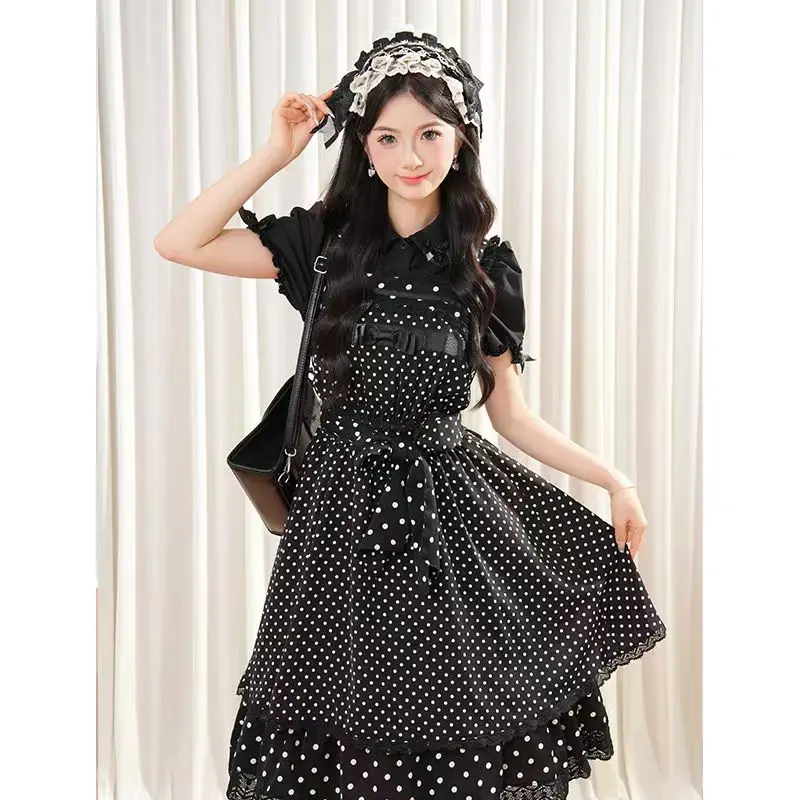 Japanese Vintage Gothic Lolita Two Piece Set Women Sweet Puff Short Sleeves Shirts Polka Dot Print Strap Dress Harajuku Y2k Suit